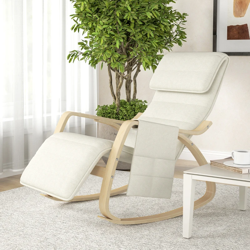 HOMCOM Fauteuil relax à bascule fauteuil allaitement avec repose-pieds réglable, poche latérale et appui-tête, blanc crème