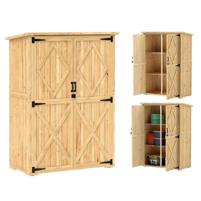 Outsunny Tuinopslagschuur, houten schuur voor gereedschap en tuinapparatuur, asfaltdak, dubbele deuren, sparrenhout, lichtbruin(m-11)