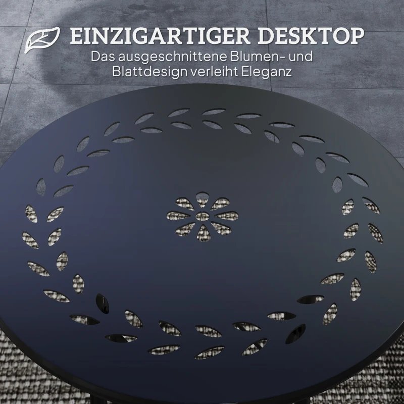 Outsunny Gartentisch, Runder Terrassentisch mit Blumenmuster, Stahl, Bistrotisch für drinnen und draußen, Schwarz