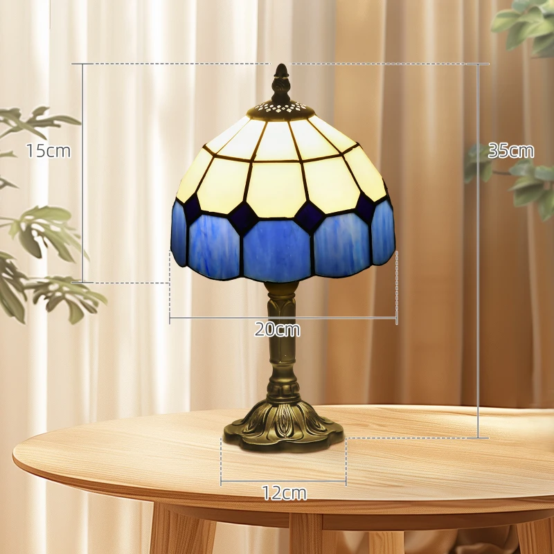 HOMCOM Handmade Stained Glass Table Lamp, Antique Bedside Lamp for Bedroom, Living room, Home, Nightstand, Decorative Night Light, Blue