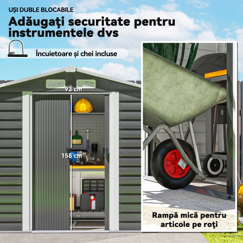 Outsunny Magazie de Grădină din Tablă de Oțel cu 4 Orificii de Ventilație și 2 Uși Glisante, 213x120x194 cm, Gri Închis(m-6)