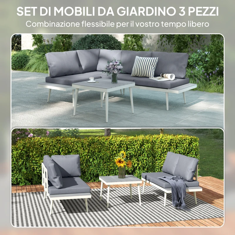 Outsunny Salotto da Giardino con 2 Divani con Cuscini, Schienale Regolabile a 5 Livelli e Tavolino a Doghe, Grigio