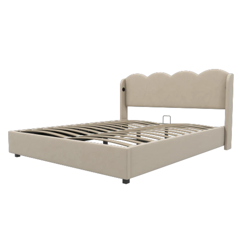 Doppelbett mit wellenförmigem Kopfteil, LED-Licht, hydraulischem Stauraum, Stoff in Samtoptik, 140×200 cm, ohne Matratze, Beige
