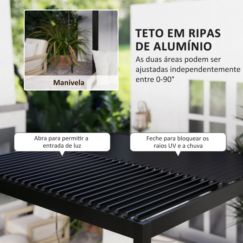 Outsunny Pérgola de Alumínio 3x3 m Pérgola de Jardim com Teto de Lâminas Ajustáveis e Sistema de Drenagem Impermeável Anti-UV Cinza Escuro