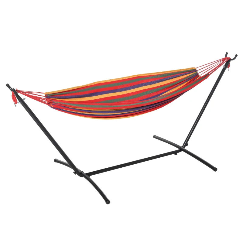 Outsunny Cama Rede com Suporte de Aço Portátil com Altura Ajustável em 6 Níveis com Bolsa de Transporte para Jardim Sala de Estar Carga Máxima 150kg 200x150cm Multicor