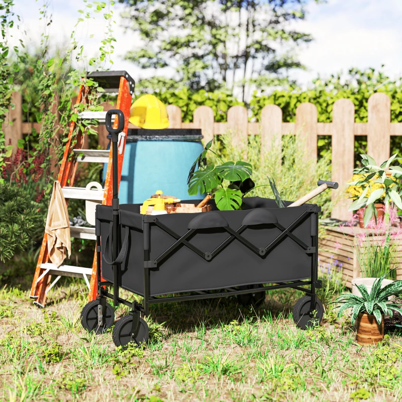 Outsunny Tuinwagen 100 kg Capaciteit Opvouwbaar Uitgebreide Vervoerwagen met Afneembare Doek Zwart
