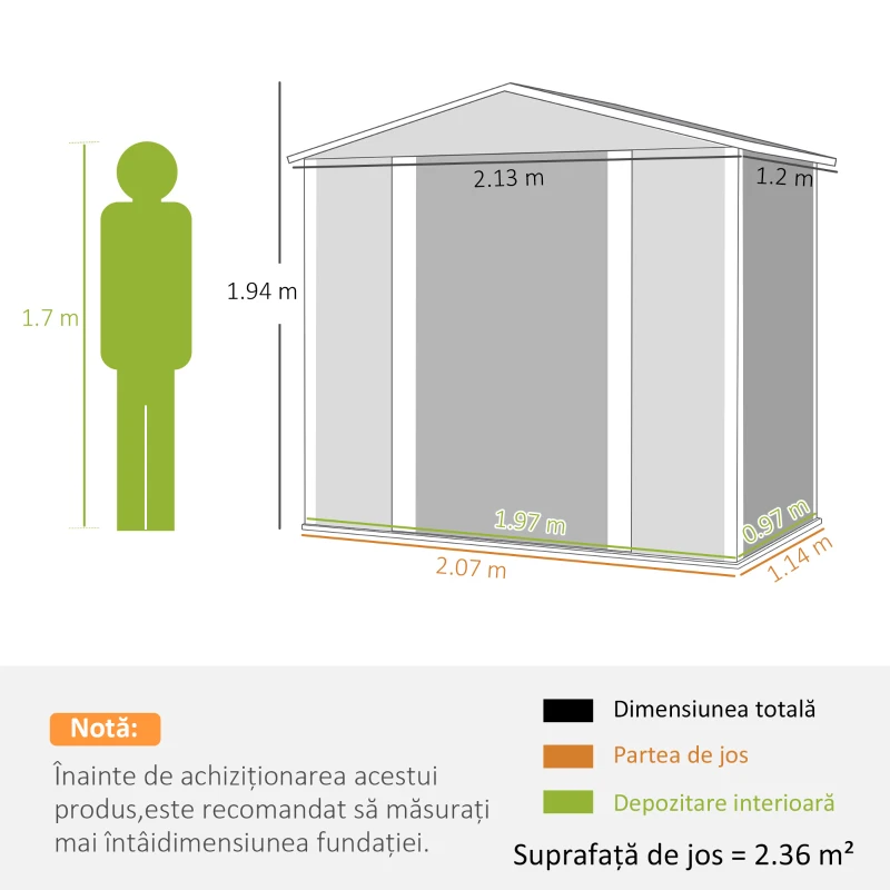 Outsunny Magazie de Grădină din Tablă de Oțel cu 4 Orificii de Ventilație și 2 Uși Glisante, 213x120x194 cm, Gri Închis(m-3)