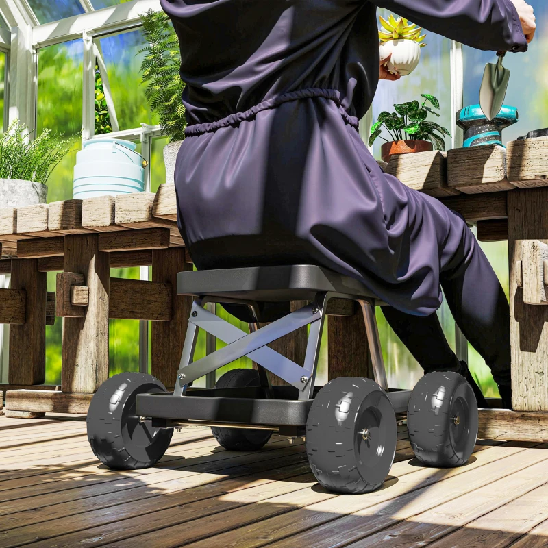 Outsunny Assento de Jardim com Rodas Banco de Jardinagem com Bandeja de Ferramentas Carrinho de Trabalho  50x49x32 cm Preto