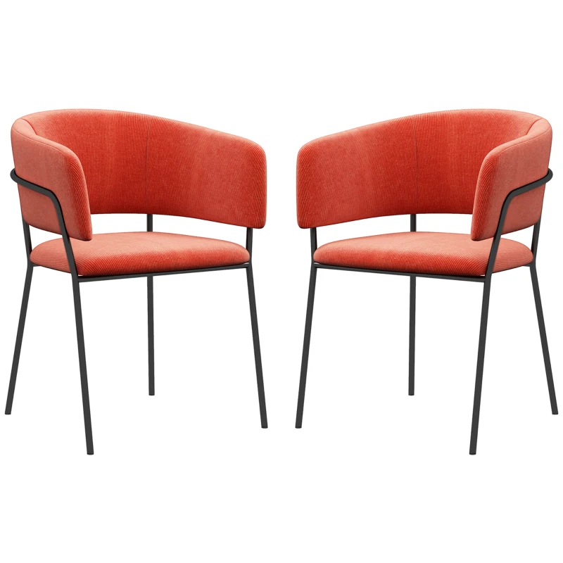 HOMCOM Lot de 2 chaises de salle à manger pieds en acier, assise rembourrée en tissu aspect velours, orange
