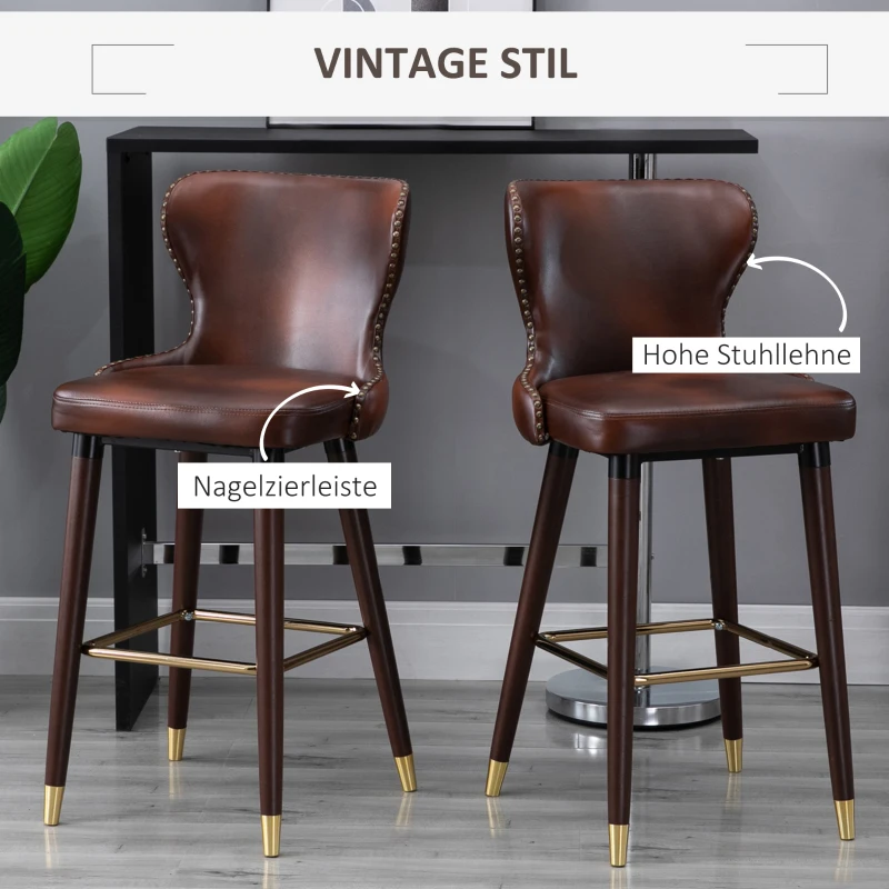 HOMCOM Lot de 2 tabourets de bar avec repose-pieds, tabouret de bar avec dossier, tabouret de bistro, chaise de salle à manger, tabouret de comptoir, cuir synthétique, marron, 52 x 53 x 101 cm