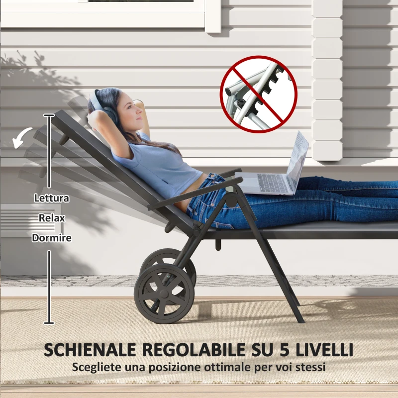 Outsunny Lettino Sdraio Pieghevole e Reclinabile in 5 Posizioni con Rotelle, in Metallo e Textilene, 72x158x84 cm, Grigio
