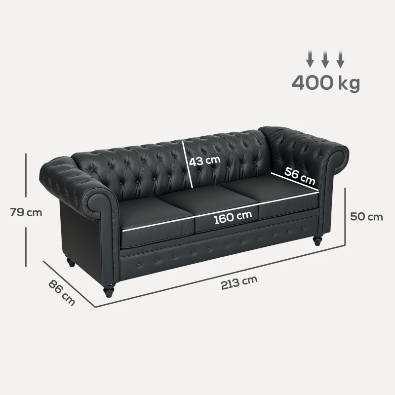 HOMCOM Divano 3 Posti Stile Chesterfield Trapuntato con Molle Insacchettate, Finta Pelle, 213x86x79 cm, Nero