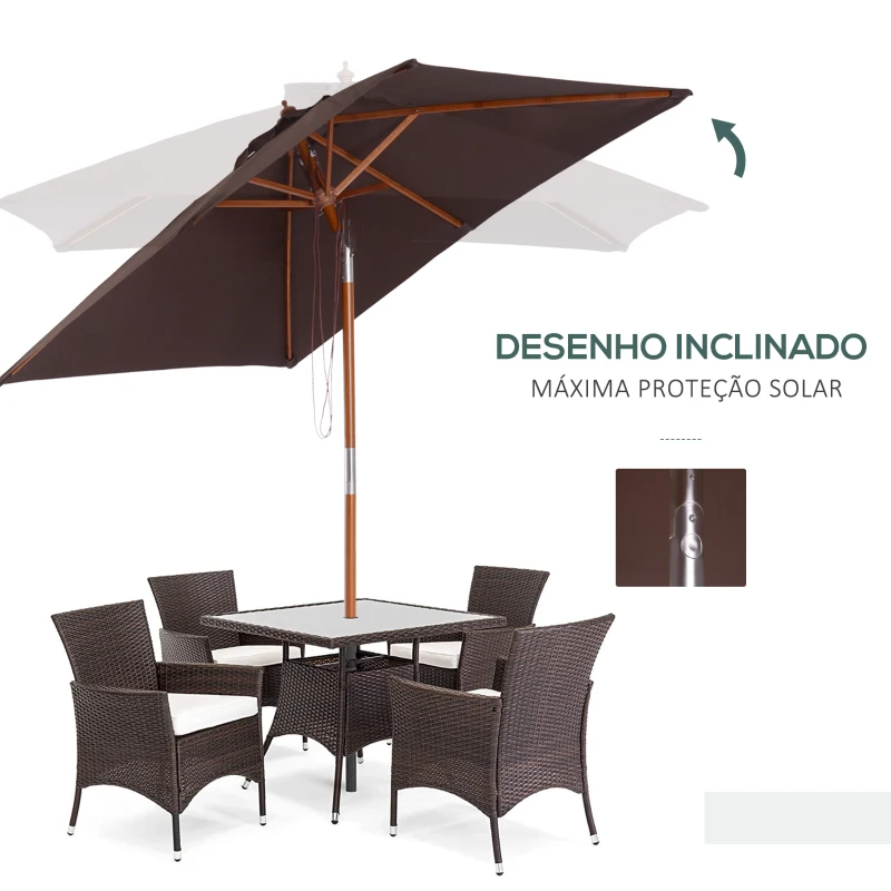 Outsunny Chapéu de Sol de Jardim 200x150x230 cm Chapéu de Sol Retangular Inclinável com Polia Duplo Teto  Marrom