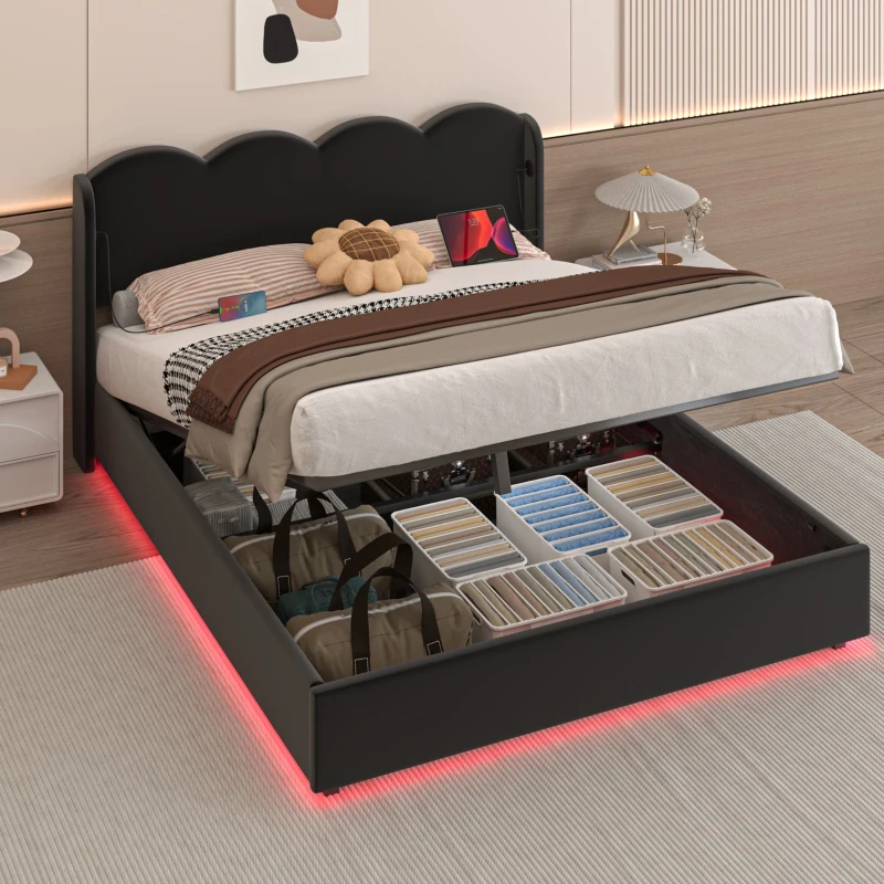 Doppelbett mit wellenförmigem Kopfteil, LED-Licht, hydraulischem Stauraum, Stoff in Samtoptik, 140×200 cm, ohne Matratze, Schwarz