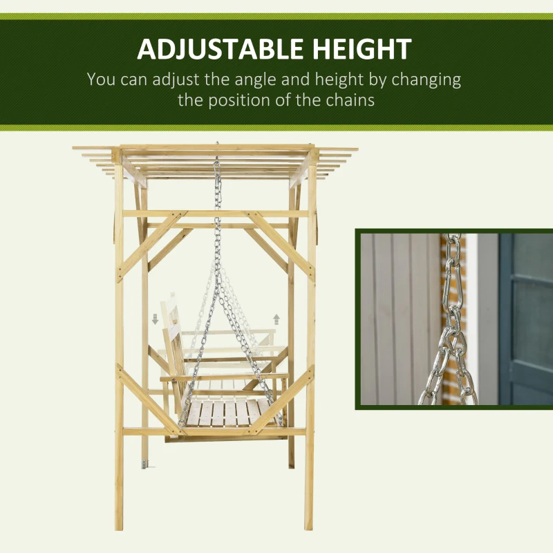 Outsunny schommelbank met pergola, 2-zits tuinschommel, massief hout, naturel