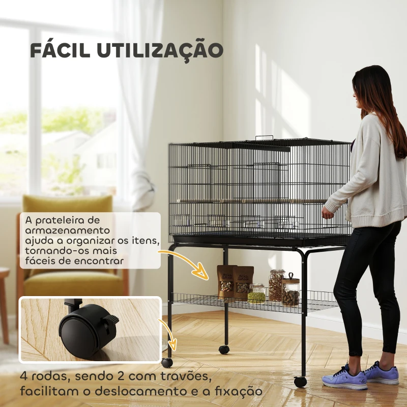 PawHut Gaiola para Pássaros com Divisória Rodas Gaiola para Aves com Comedouros Poleiros e Bandeja Removível 94x57x128 cm Preto