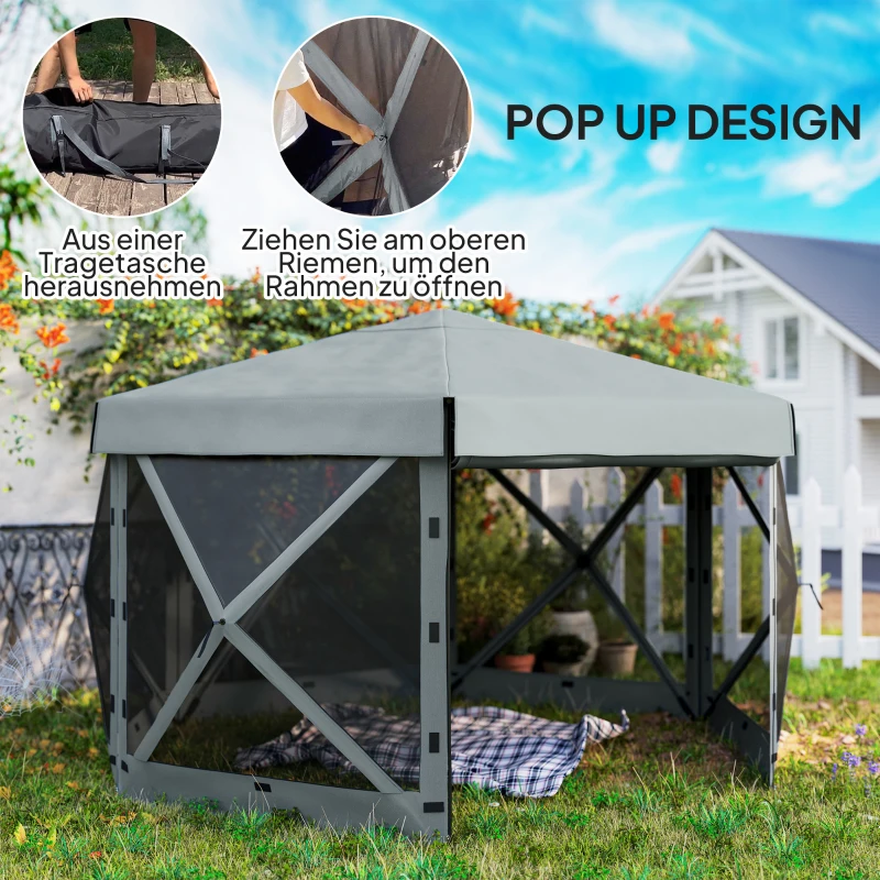 Outsunny Garten-Pavillon, Gartenzelt mit 5 Netzwänden und Tragetasche, wasserfest, UV-beständig, Partyzelt, Hellgrau