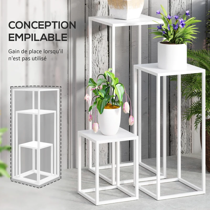 Outsunny Lot de 3 supports pour plantes carré en métal empilable intérieur et extérieur, pour jardin, balcon, maison, blanc