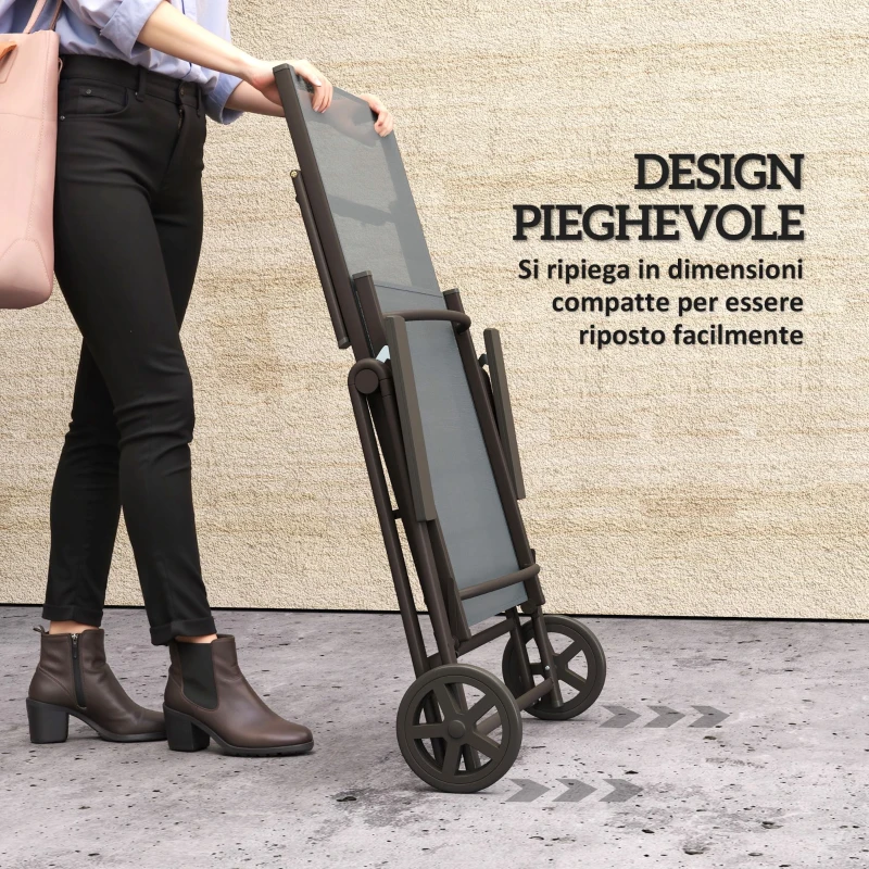 Outsunny Lettino Sdraio Pieghevole e Reclinabile in 5 Posizioni con Rotelle, in Metallo e Textilene, 72x158x84 cm, Grigio