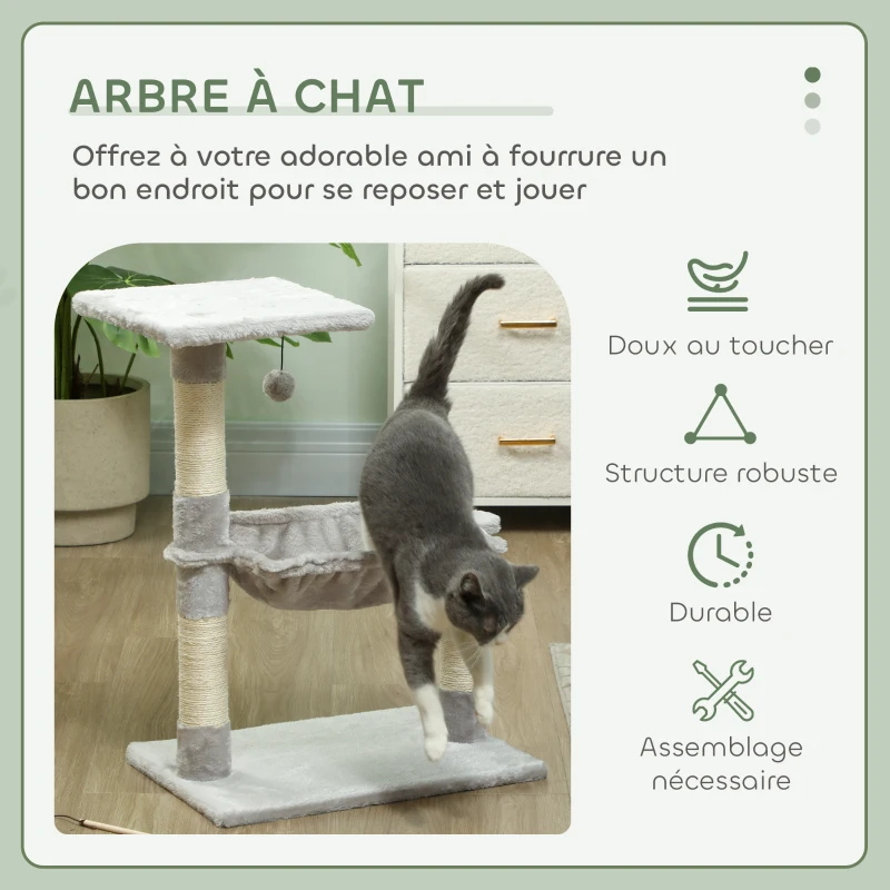 PawHut Arbre à chat 3 griffoirs grattoirs sisal naturel plateforme hamac et boule suspendue 50 x 26 x 70 cm peluche courte gris