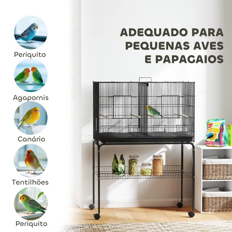 PawHut Gaiola para Pássaros com Divisória Rodas Gaiola para Aves com Comedouros Poleiros e Bandeja Removível 94x57x128 cm Preto