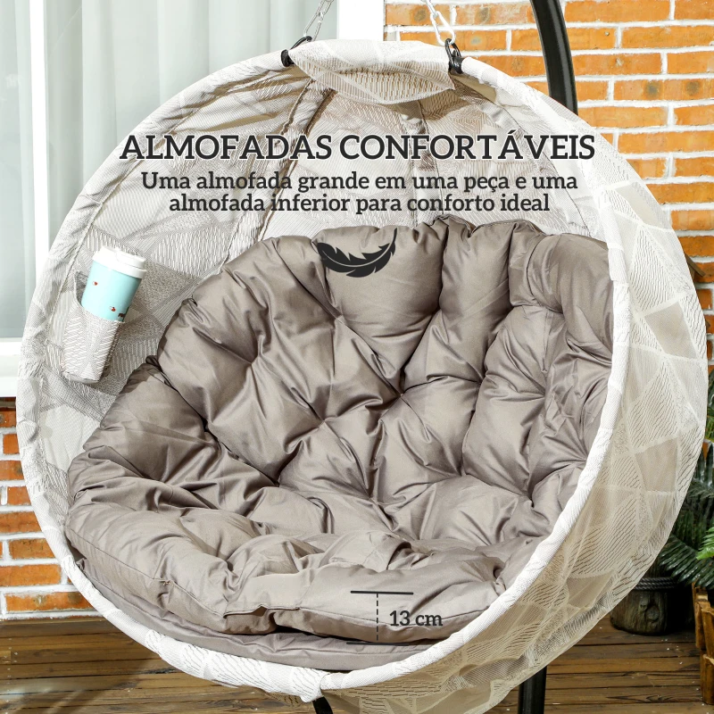 Outsunny Cadeira Suspensa com Suporte Cesto Dobrável de Malha Dupla com Almofada e Apoio para Copos 106x114x178 cm Areia e Preto