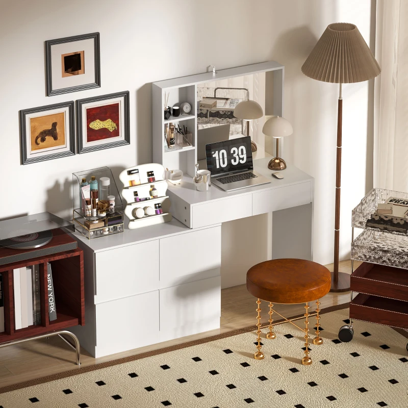 HOMCOM Kaptafel, Makeup-Tafel met Grote Spiegel, 4 Laden, 3 Open Vakken, 2 Kasten, MDF, Wit(m-9)