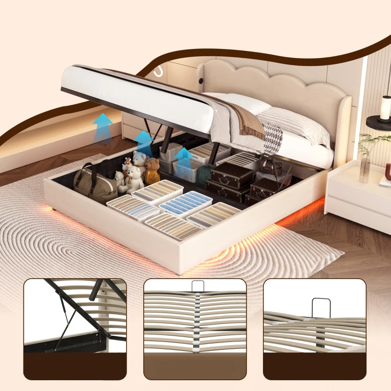 Doppelbett mit wellenförmigem Kopfteil, LED-Licht, hydraulischem Stauraum, Stoff in Samtoptik, 140×200 cm, ohne Matratze, Beige