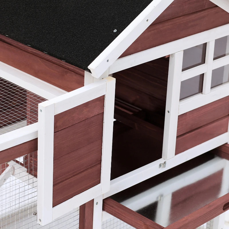 PawHut Hasenstall Multi-ausgestattet: Oberteil mit Rampe, Kotwanne, Fenster + sicheres Außengehege 2 Türen 122L x 63B x 92H cm Terrakotta
