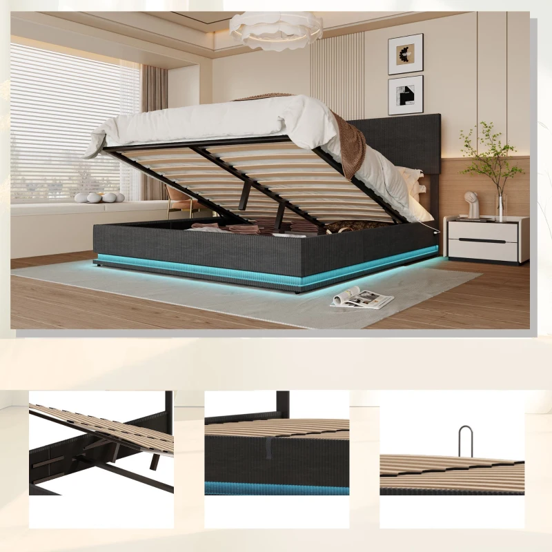 Letto matrimoniale con spazio contenitore e testiera regolabile in altezza (materasso non incluso), 180x200 cm, Grigio Scuro