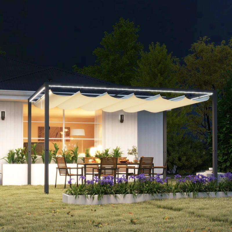 Outsunny Pergola per Giardino Retrattile 4x3 m con Luci LED e Fori di Drenaggio, in Alluminio e Poliestere, Bianco Crema