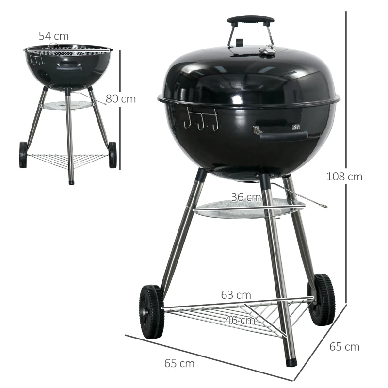 Outsunny Kugelgrill mit Messer, Wender und Grillzange, Thermometer, Aschefach, Regenhülle, Metall, schwarz