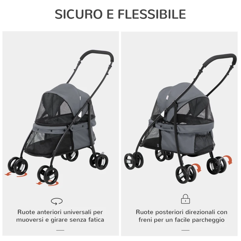 PawHut Passeggino per Cani Pieghevole con Tettuccio Regolabile, Borsa e 2 Guinzagli, 82x47x97 cm, Grigio e Nero