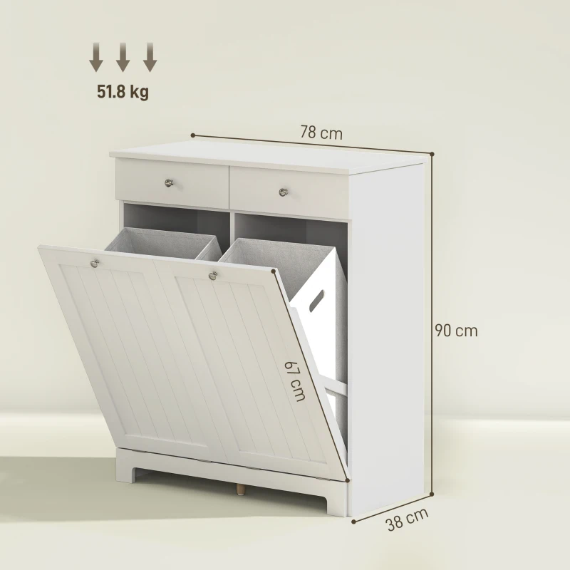 HOMCOM Mobile Bagno con 2 Ceste Portabiancheria Rimovibili, 2 Cassetti e 2 Ante a Ribalta, 78x38x90 cm, Bianco