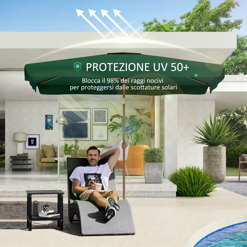 Outsunny Ombrellone da Giardino 2x3 m con Apertura a Manovella, Inclinabile e Anti UV 50+, Verde