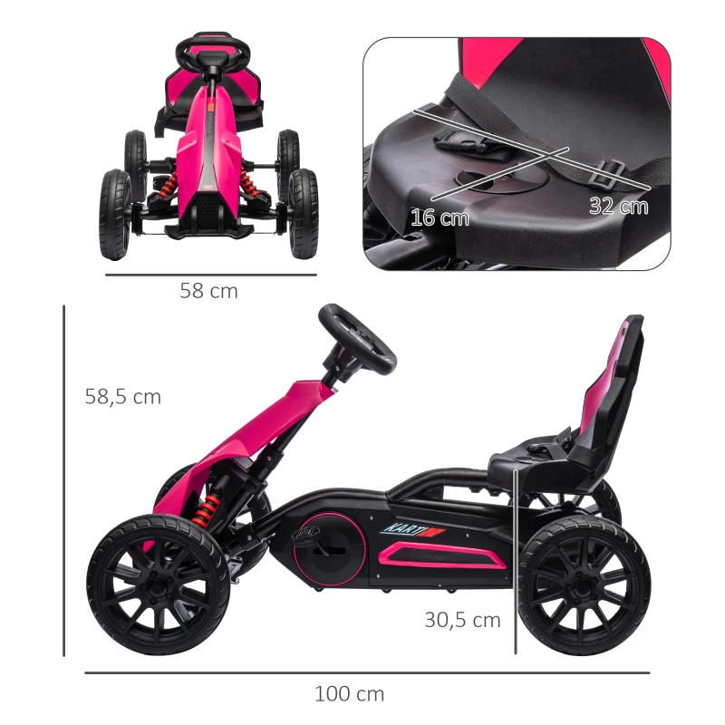 HOMCOM Go-Kart voor Kinderen met Verstelbare Stoel, Trapvoertuig, Trapauto met Handrem, 3-8 Jaar, Outdoor, Roze(m-3)