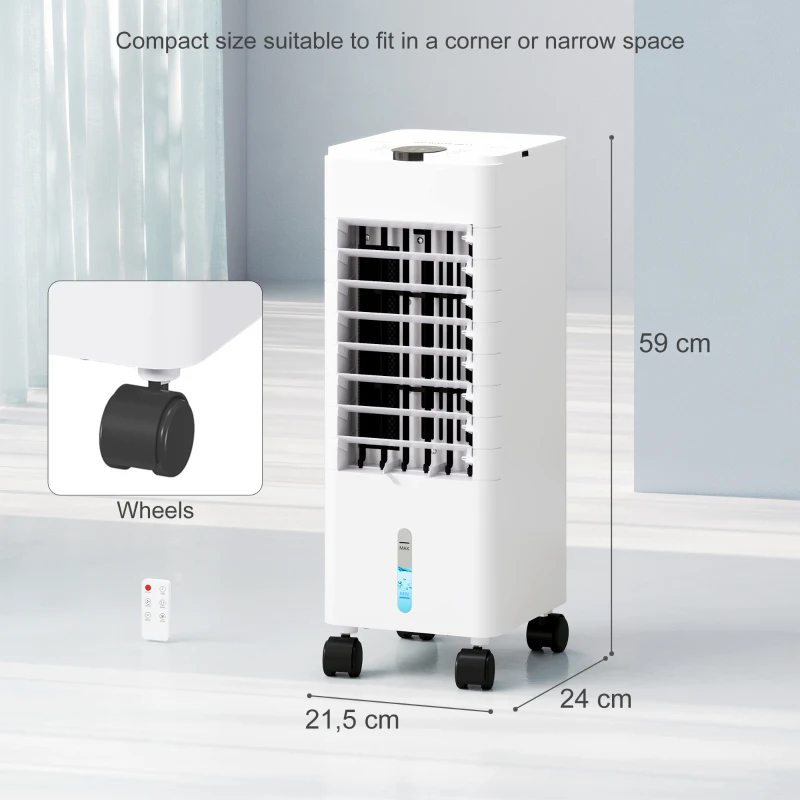 HOMCOM Climatizador  3 em 1 Portátil 60W com 3 Velocidades Temporizador até 12H Depósito de 3,8 L Oscilação de 60º 24x21,5x59 cm Branco