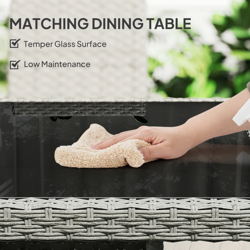 Outsunny Rattan Garden Furniture Set, Outdoor Dining Table and Chairs 4 Seater with Cushions, Square Tempered Glass Top, 4 Armchairs, for Balcony, Terrace, Conservatory, Grey