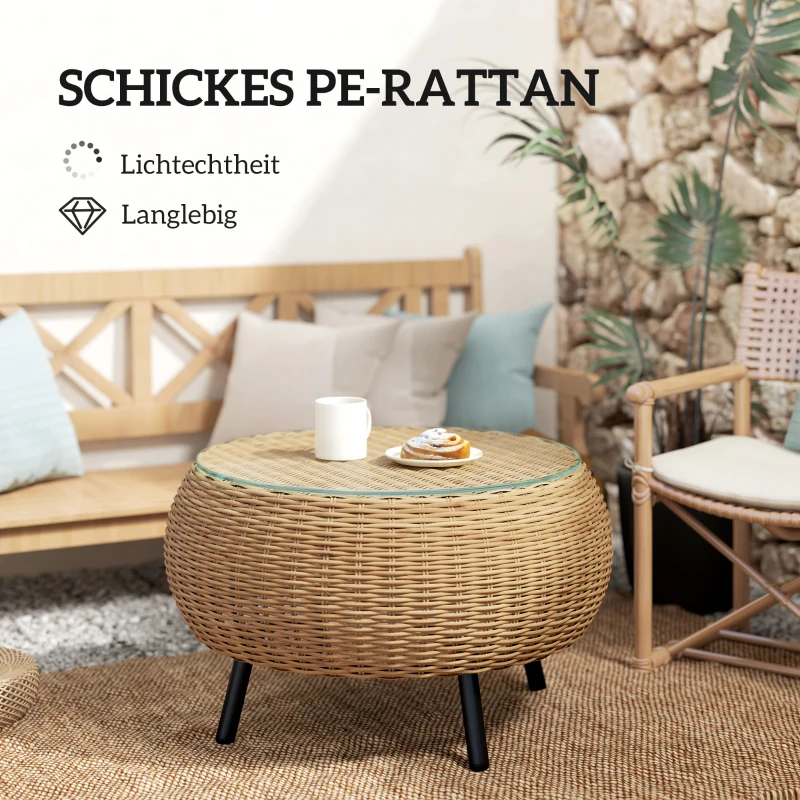 Outsunny Beistelltisch aus Polyrattan runder Kaffeetisch Couchtisch mit Glas Tischplatte Ø75 x 42 cm Braun