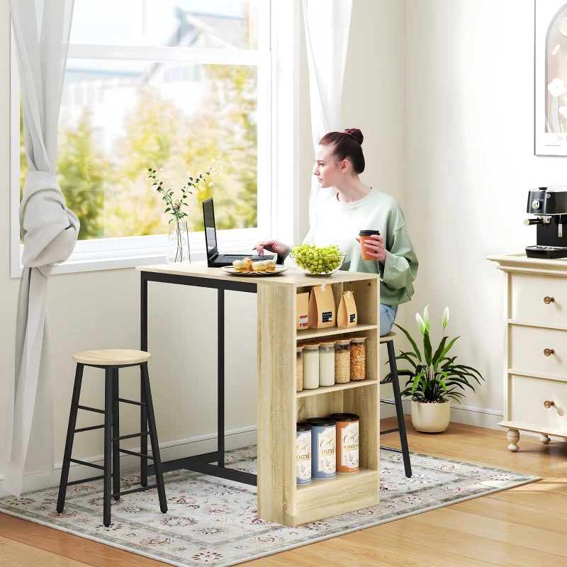 HOMCOM 3-delige Bartafelset, 1 Counter, 2 Stoelen, met Opbergruimte en Voetsteunen, Ruimtebesparend, Lichtbruin+Zwart(m-2)