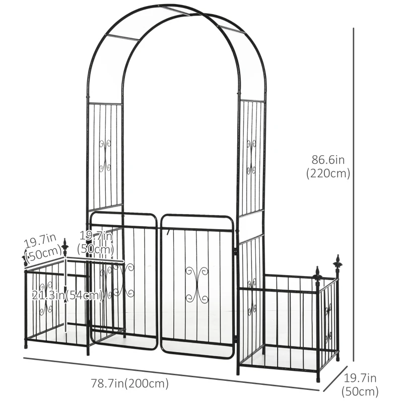Outsunny Metal Garden Arbor Arch with Double Doors, 2 Side Planter Baskets, Climbing Vine Frame, Black