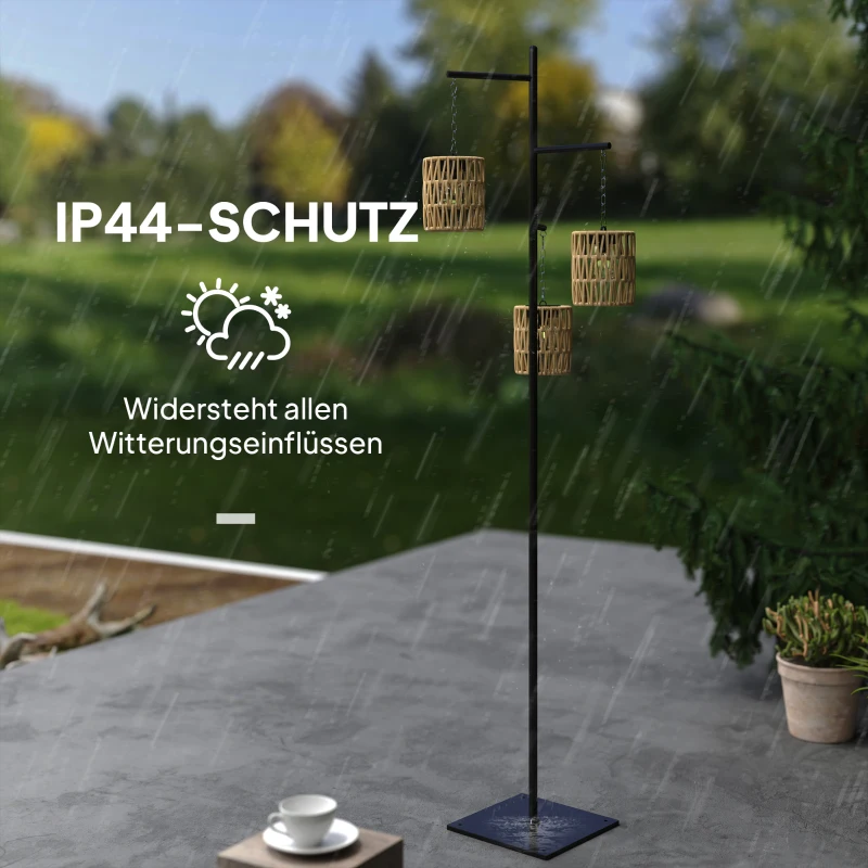 Outsunny Solar Stehlampe Rattan Solarlampen mit Lichtsensor 3 Lichten Automatisch im Boho-Stil IP44 Spritzwassergeschützt