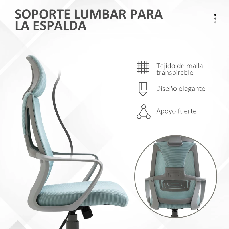 Vinsetto Silla de Escritorio Silla de Oficina Ergonómica Ajustable con Reposabrazos Reposacabezas y Función Basculante 64x55x116-126 cm Azul