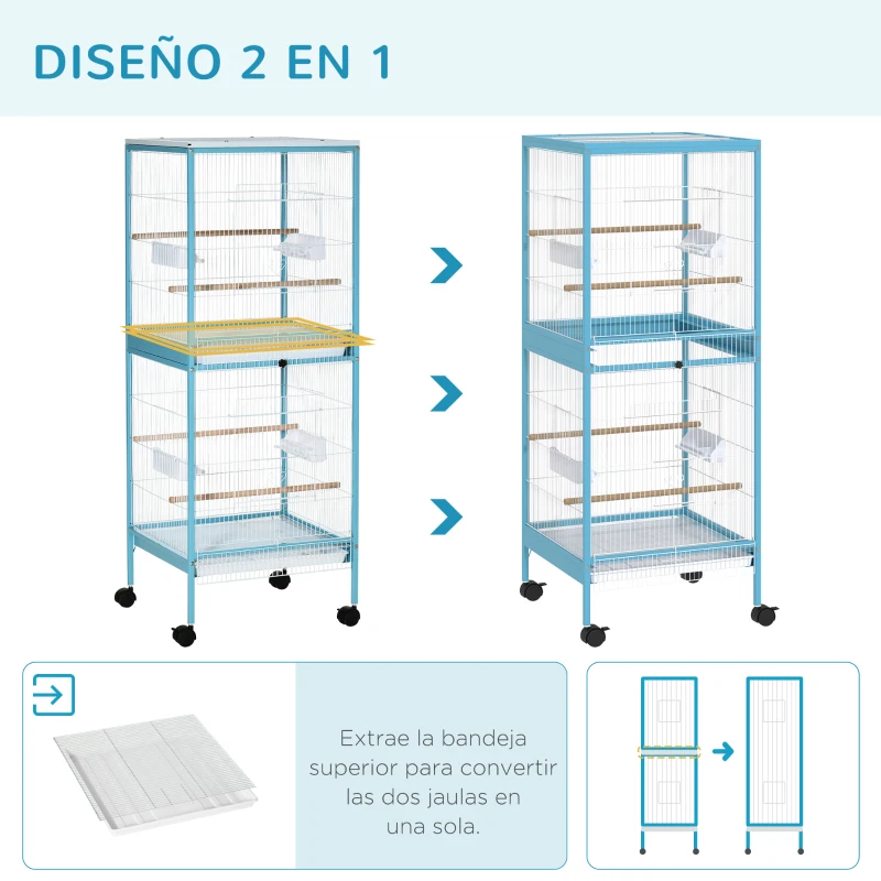 PawHut Jaula para Pájaros de 2 Niveles con Ruedas Bandejas Extraíbles Puertas Comederos Perchas 51,5x50x140 cm Azul