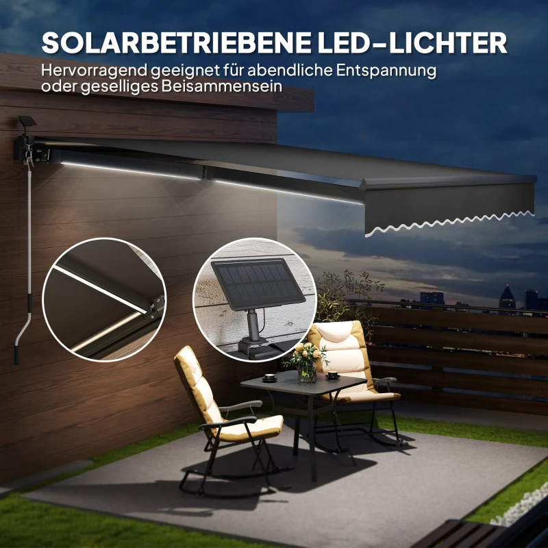 Outsunny Uitschuifbare Luifel met Handkruk en Zonne-energie LED-licht UV 50+ 400 cm breed Grijs
