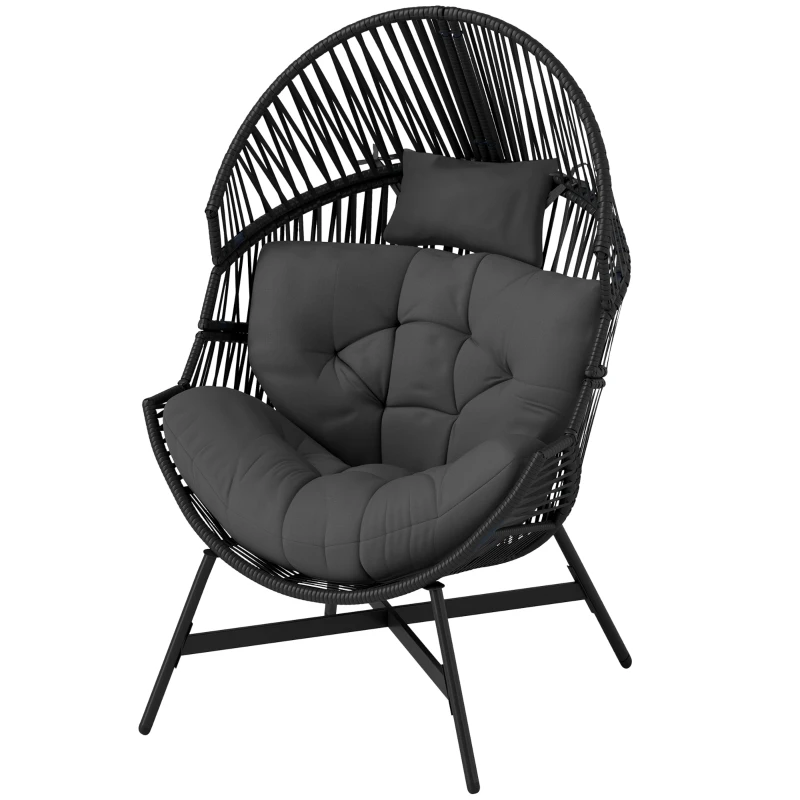 Outsunny Rattan Egg Chair, Oversized Freestanding Garden Egg Chair with Thick Tufted Cushion, Headrest, Steel Frame for Indoor and Outdoor Use, Charcoal Grey