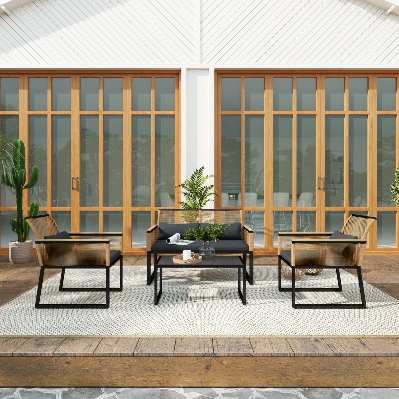 Outsunny Salotto da Giardino in Rattan PE con Divano 2 Posti, 2 Poltrone, Tavolino in Vetro e Cuscini, Nero