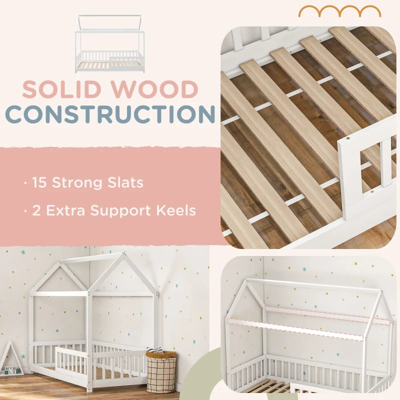 HOMCOM House-Shaped Kids Bed Frame with Guard Rails, Solid Pine Wood Single Bed Frame for Kids Boys and Girls
