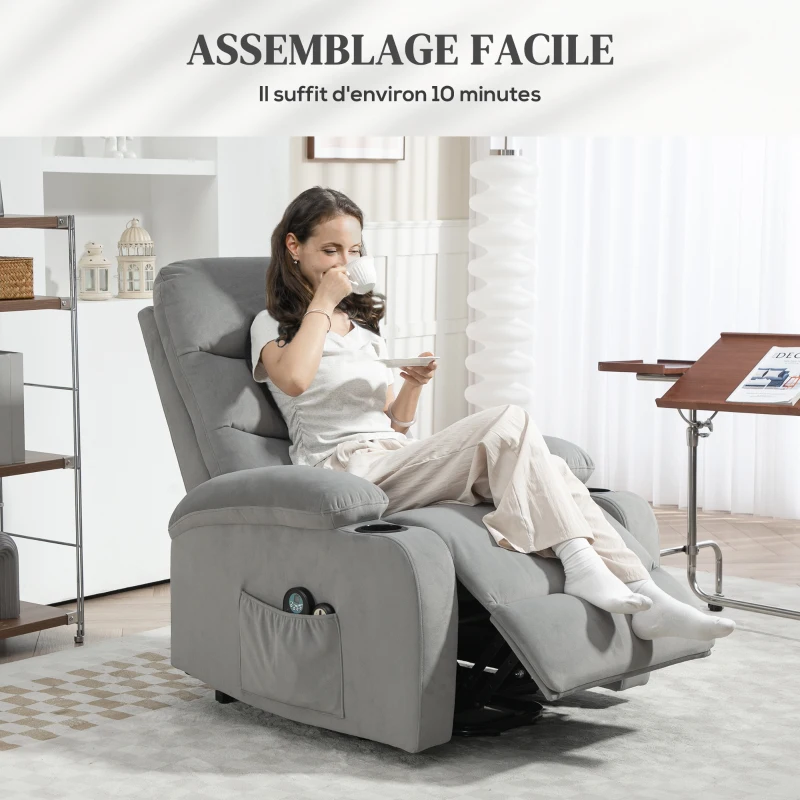 HOMCOM Fauteuil releveur inclinable massant et chauffant, tissu aspect velours avec porte-gobelets, pochette latérale, gris