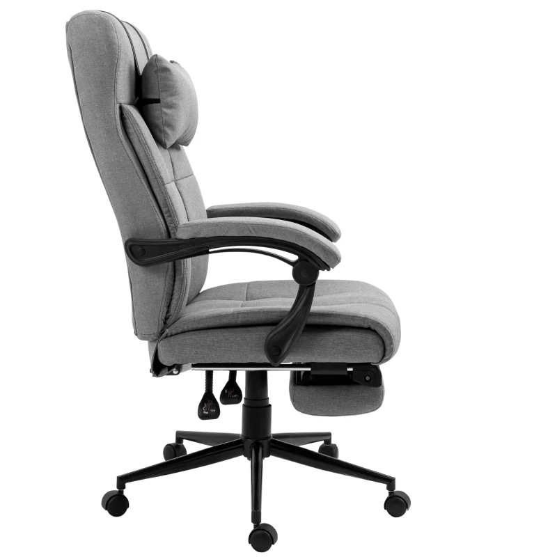 Vinsetto Bürostuhl mit Kopfkissen Armlehne Schreibtischstuhl mit Neigungswinkel Höhenverstellbarer Drehstuhl mit Fußstütze Leinen Schaumstoff PVC Hellgrau 66 x 76 x 112-120 cm